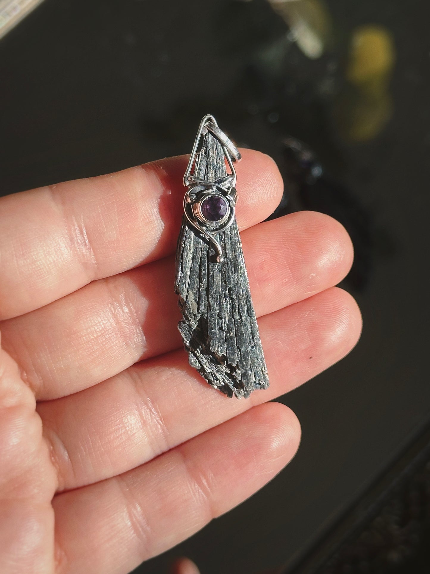BLACK KYANITE w/ AMETHYST PENDANT ~ STERLING SILVER