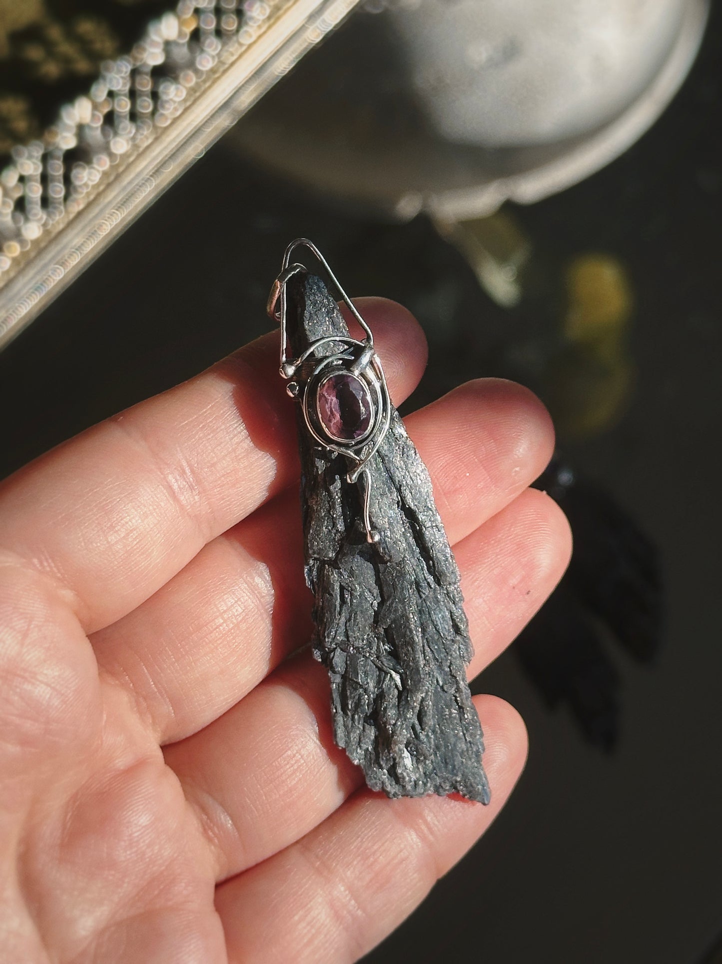 BLACK KYANITE w/ AMETHYST PENDANT ~ STERLING SILVER