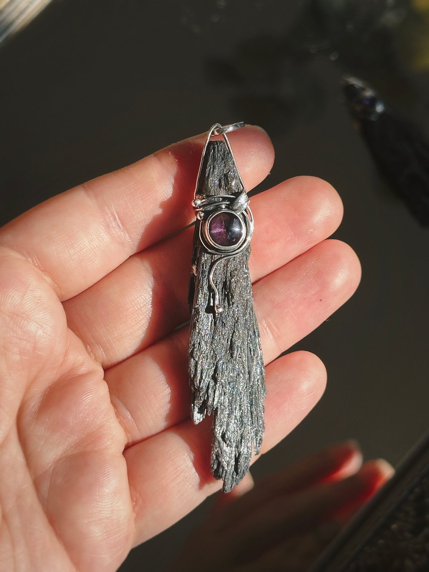 BLACK KYANITE w/ AMETHYST PENDANT ~ STERLING SILVER