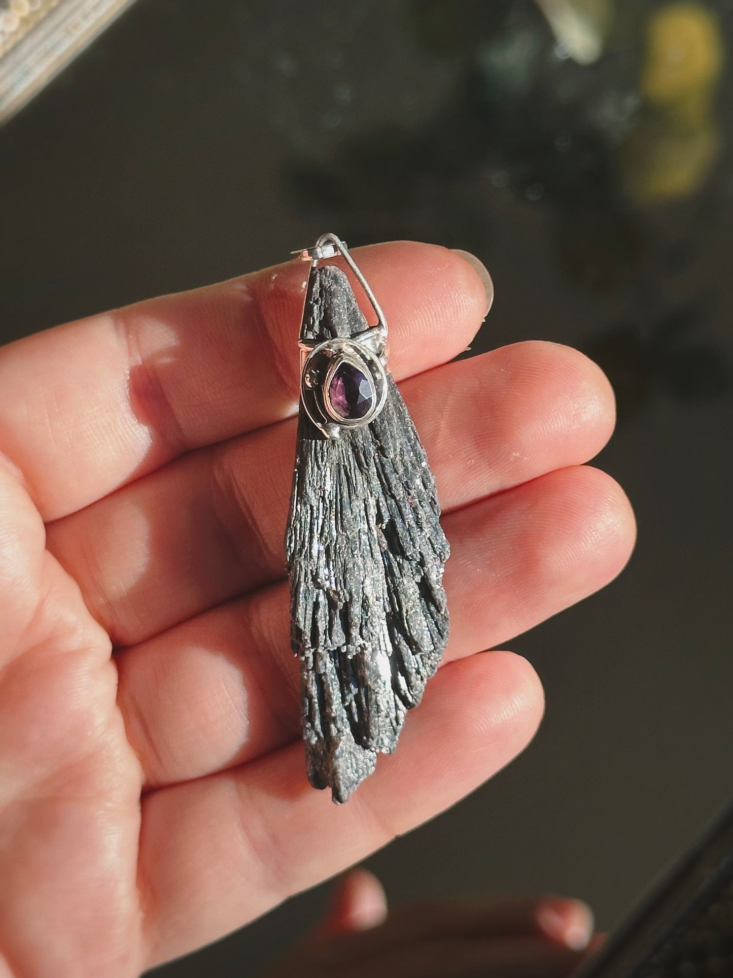 BLACK KYANITE w/ AMETHYST PENDANT ~ STERLING SILVER