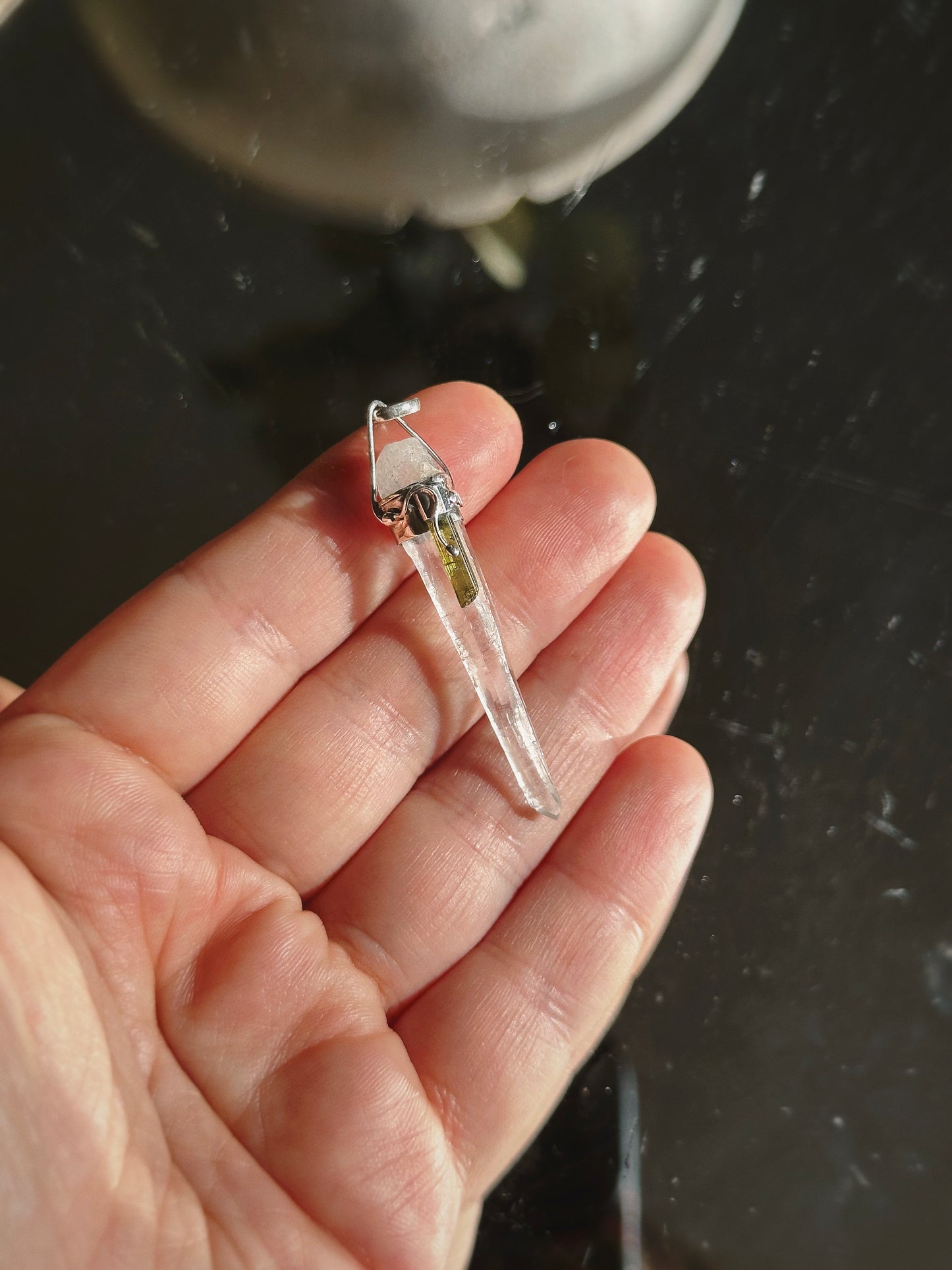 LASER QUARTZ w/ TOURMALINE PENDANT ~ STERLING SILVER