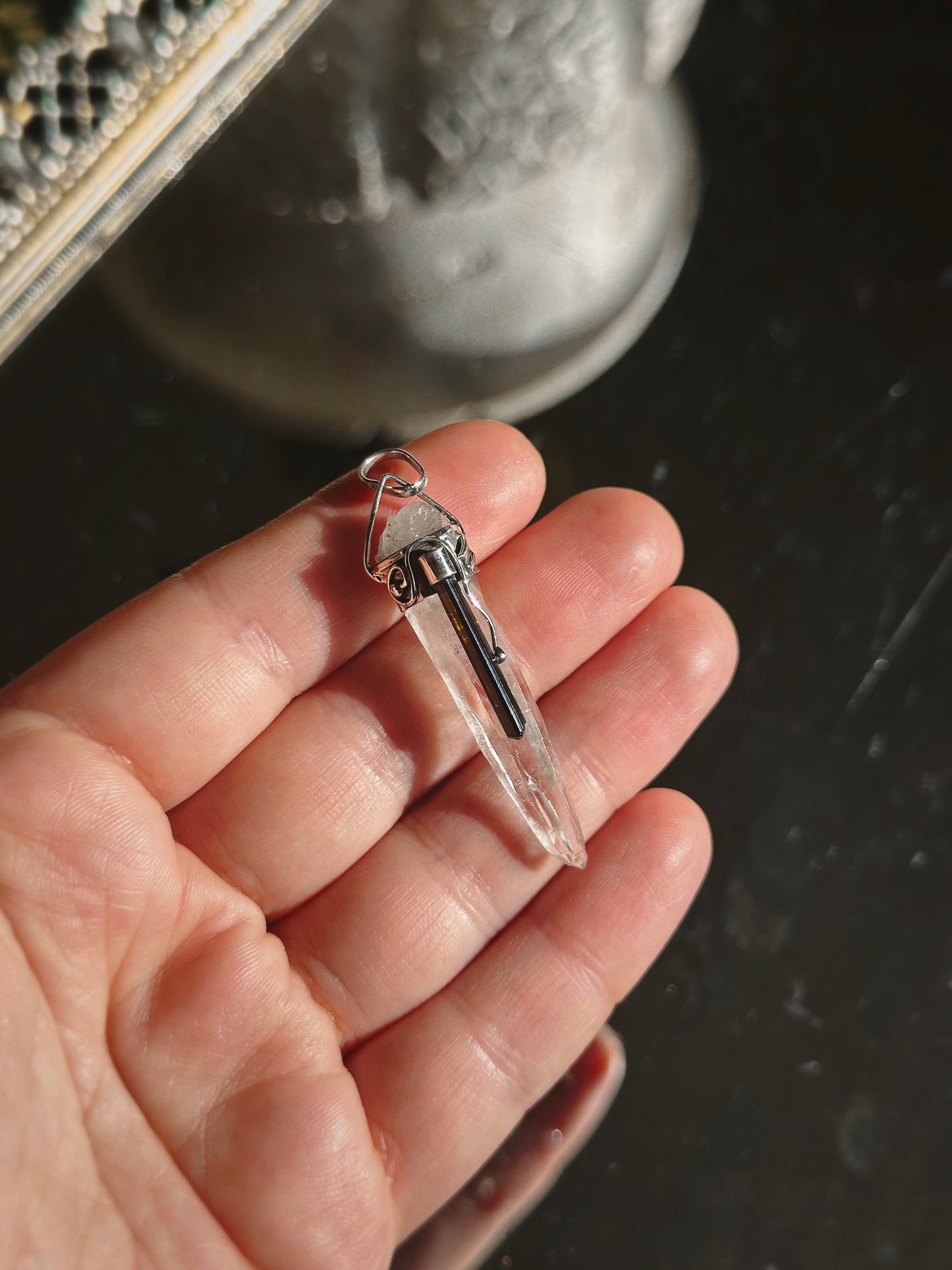 LASER QUARTZ w/ TOURMALINE PENDANT ~ STERLING SILVER