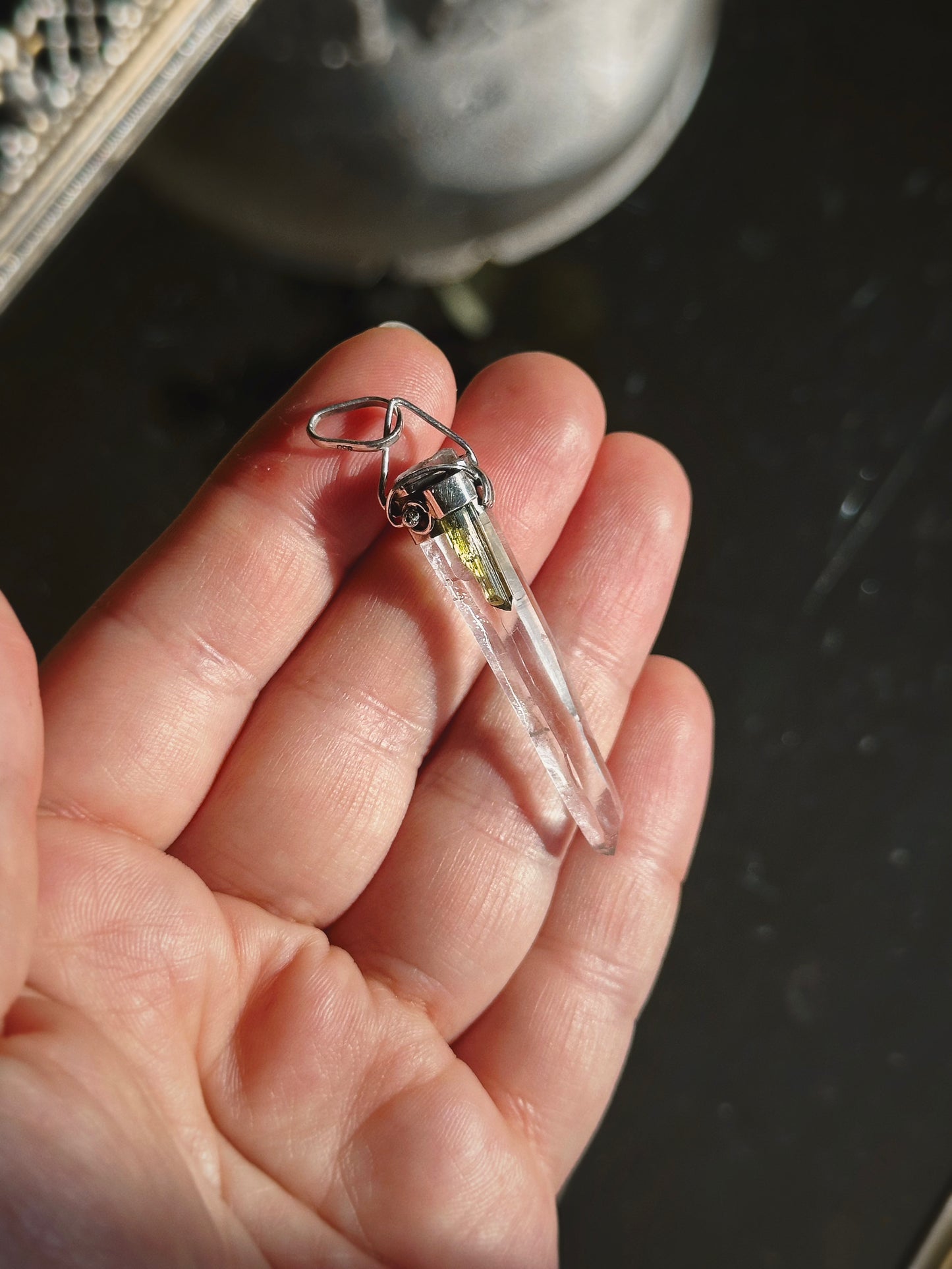LASER QUARTZ w/ TOURMALINE PENDANT ~ STERLING SILVER