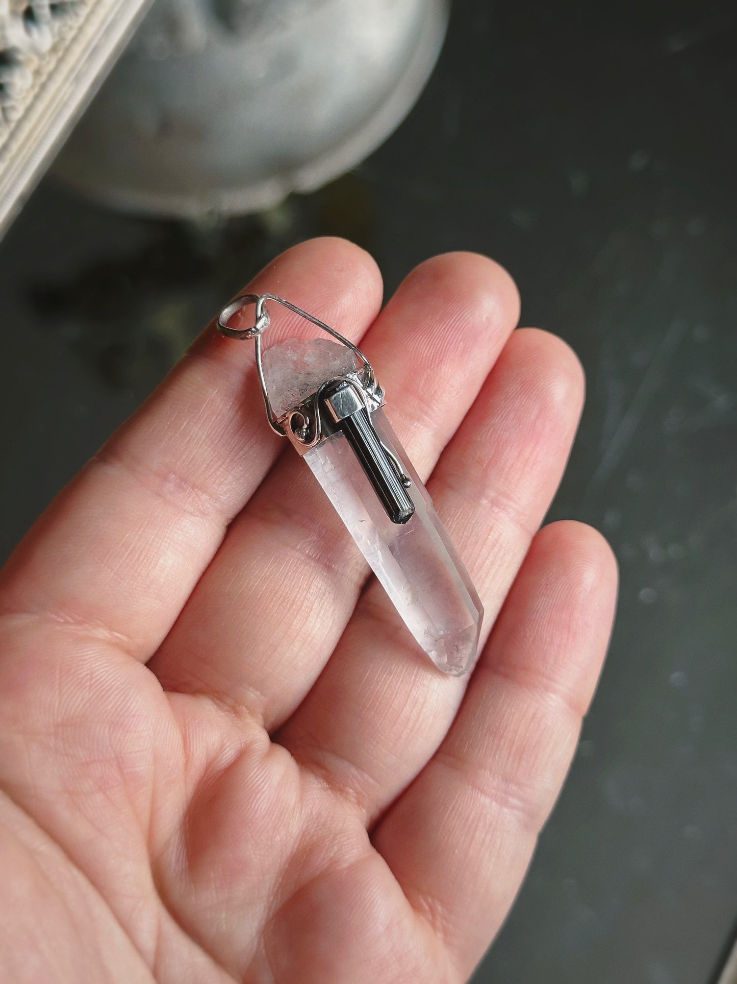 LASER QUARTZ w/ TOURMALINE PENDANT ~ STERLING SILVER